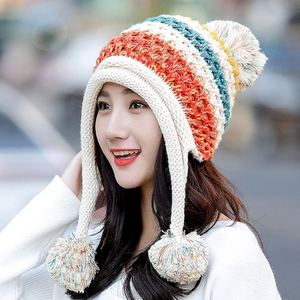Cute Warm Knitted Striped With Pompoms Fleece Lined • Ski Hat - Picture 4 of 5